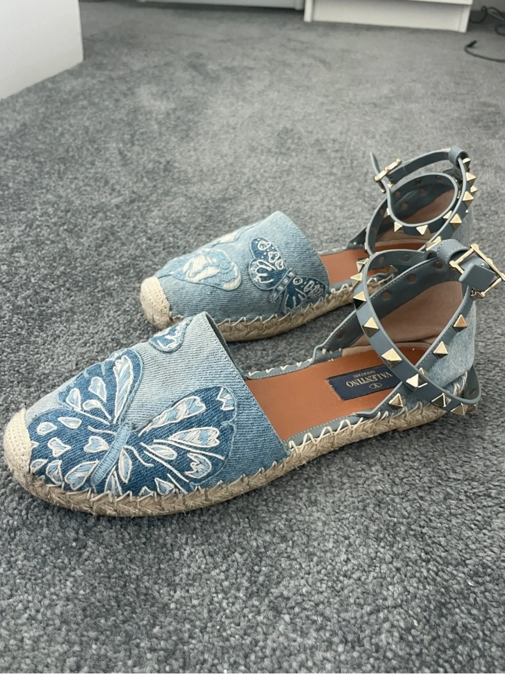 Valentino Blue Denim Butterfly Espadrille Sandals with Studded DoubleAnkle Strap
